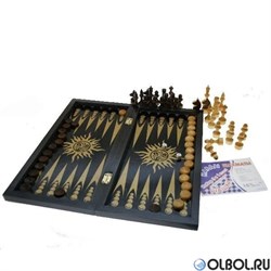 Игра 3в1 малая черная рисунок золото 193-18 (шахматы, нарды, шашки) - фото 153446