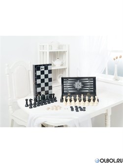 Игра 3в1 малая черная рисунок серебро 331-18 (шахматы, нарды, шашки) - фото 153447